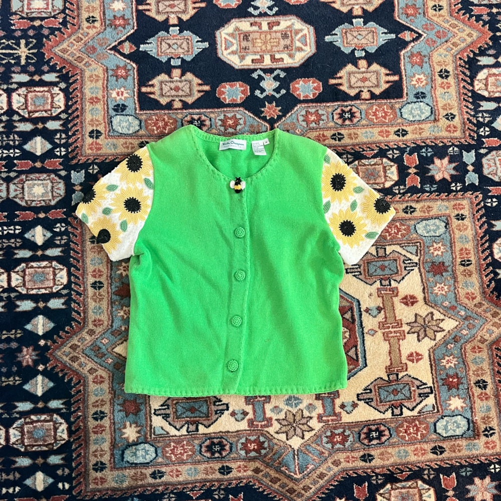 Vintage knit top button down sunflowers beaded green yellow crop blouse M - Picture 8 of 12